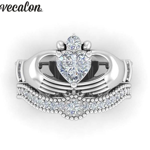 Anéis de casamento Vecalon Amantes de luxo Claddagh Anel 1ct 5A Zircon Cz Branco Ouro Cheio Banda de Noivado Conjunto para Mulheres Men216H