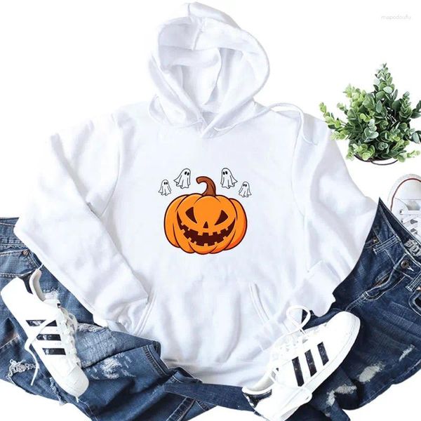 Hoodies femininos moletom de halloween laranja abóbora pequeno fantasma impresso moletom com capuz menina manga comprida bolsos camiseta 2023 outono wear