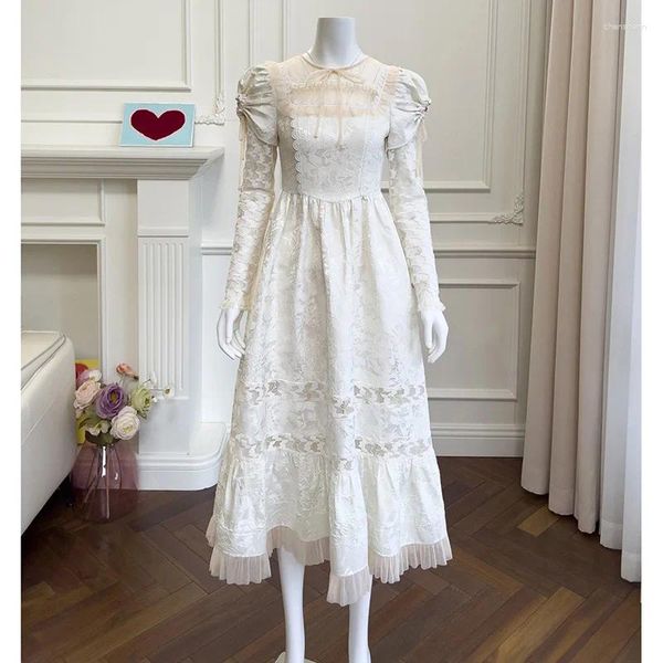 Повседневные платья Телесного цвета в сетку в стиле пэчворк, белое жаккардовое платье с цветочным принтом, круглым вырезом, длинными рукавами, тюлевыми оборками, подол миди, элегантное весеннее брендовое платье