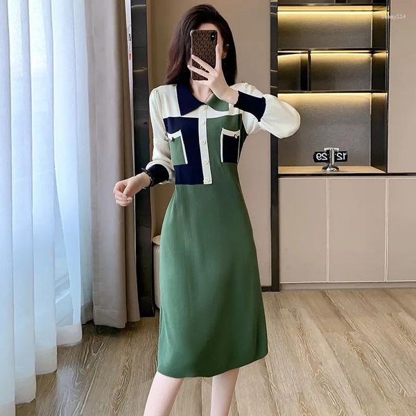 Casual Dresses 2023 Herbst Winter Langarm Grün Hit Farbe Patchwork Revers Gestricktes Kleid Chic Frauen Button Deco Damen Pullover Vestidos