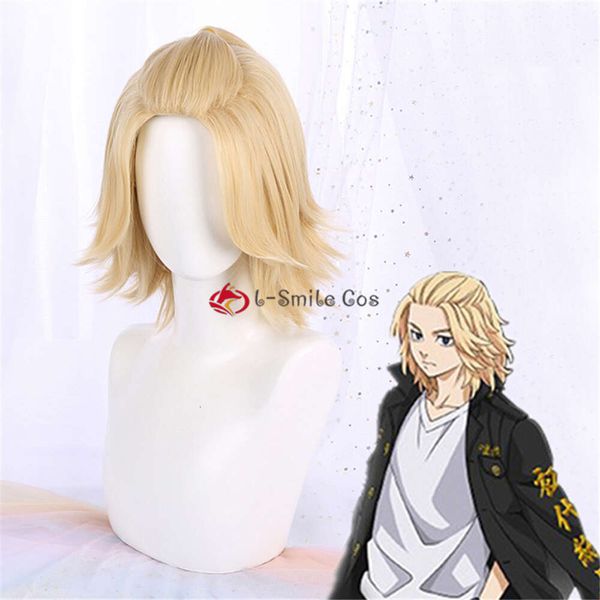 Costumi Catsuit Tokyo Revengers Manjiro Sano Mikey Cosplay Parrucche sintetiche per capelli corti biondi resistenti al calore + Protezione per parrucca