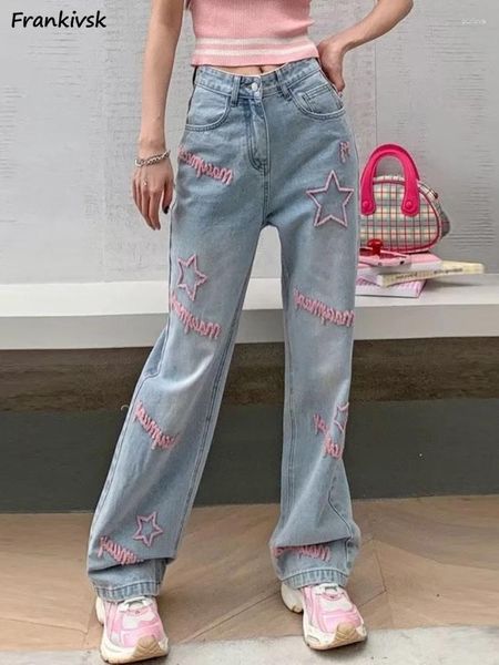 Женские джинсы с флоком, женские широкие брюки, мешковатые, с высокой талией, с геометрическим рисунком Y2K, милая уличная одежда в японском стиле, до щиколотки, для продвинутых