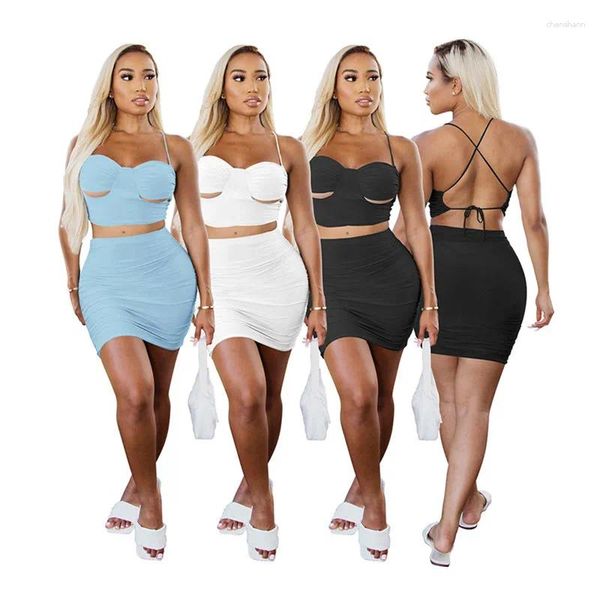 Vestidos de trabalho 5 conjuntos atacado feminino oco para fora sexy ternos rasgados sem costas colheita topos saias clubwear verão bandagem 2 peça vestido 7043