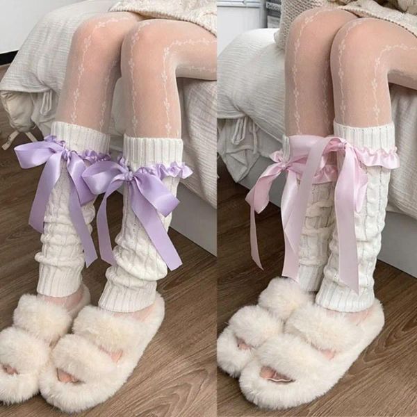 Frauen Socken Bogen Band Rüschen Japanischen Stil JK Lolitas Gestrickte Lange Mädchen Harajuku Fuß Abdeckung Wachen