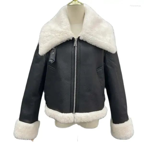 Damen Leder JANEFUR Shearling Mantel Frauen 2023 Schwarz Mode Warme Echte Jacke Streetwear Winter Schaffell