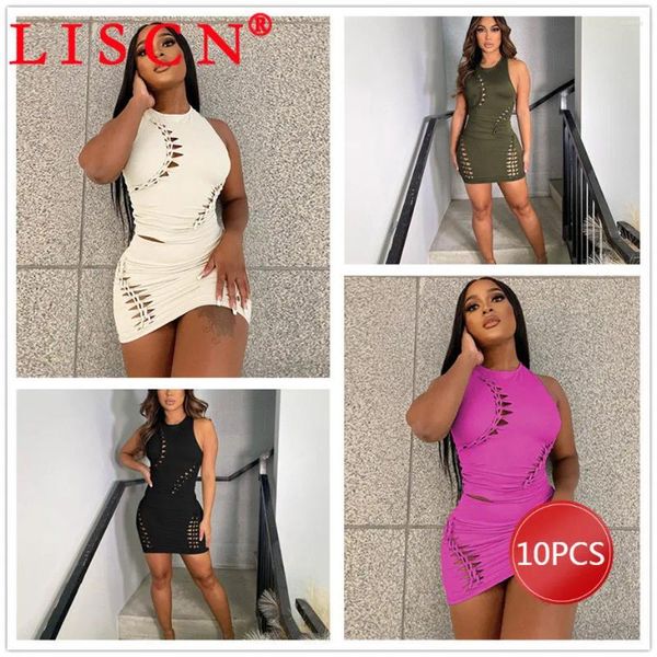 Vestidos de trabalho 10 itens a granel atacado lotes vestido define verão sem mangas camiseta e mini saia oca out duas peças conjunto de roupas femininas k11731