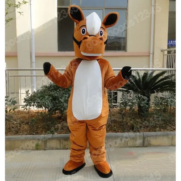 2024 Costumi della mascotte del cavallo marrone di formato adulto 2024 Vestito operato da Halloween Vestito da festa Personaggio dei cartoni animati Carnevale Natale Pubblicità Costume da festa di compleanno Vestito unisex