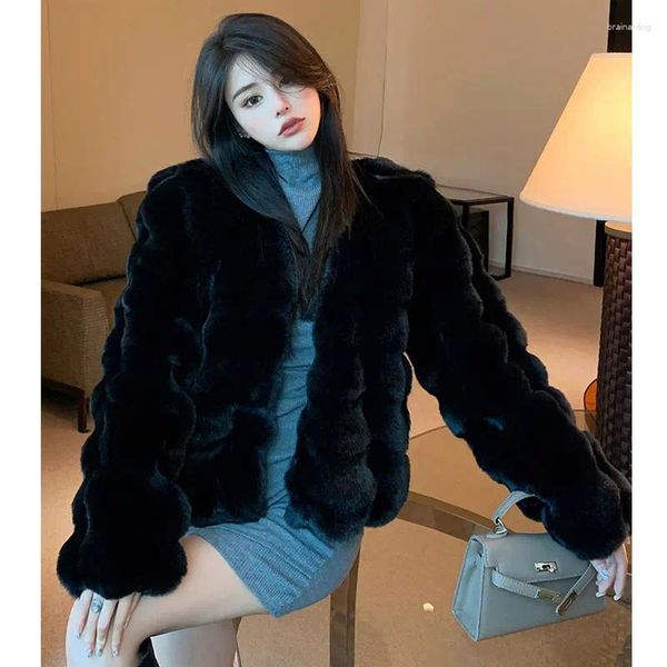 Pele feminina 2023 inverno coreia feminino casaco falso moda quente pena preto cardigan casacos curto outercoat senhora festa elegante roupa branca