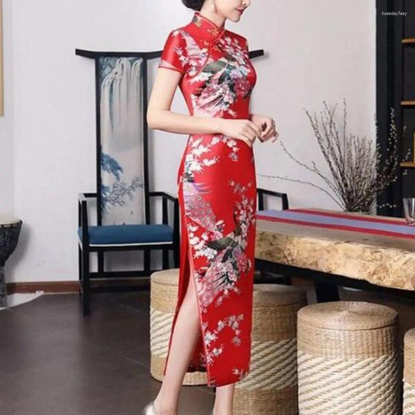 Roupas étnicas Mulheres Vestido Chinês Cheongsam High Side Split Knot Botões Cetim Sedoso Verão Primavera Qipao