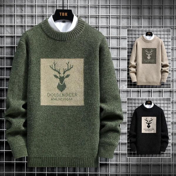 Suéter masculino de malha vintage, suéter feio para homens, suéter de malha com estampa de cervo, pulôver harajuku branco acolchoado de veludo 231026