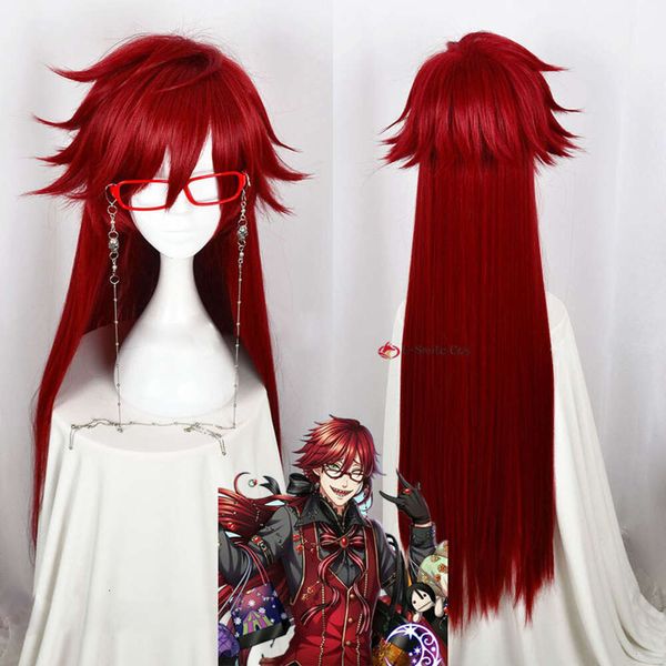 Costumi Catsuit Grell Sutcliff Kuroshitsuji Black Butler Cosplay Claret Lunga catena di capelli sintetici resistenti al calore Glasse + cappuccio parrucca