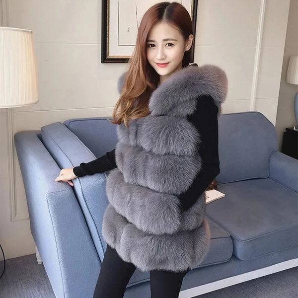 Womens Fur Faux Fur Inverno Manmade Fur Casaco de Inverno Quente Colete Coreano Sólido Com Capuz Grosso Casaco Colete Mulheres Moda Cinza Branco Preto Mulheres Roupas 231027