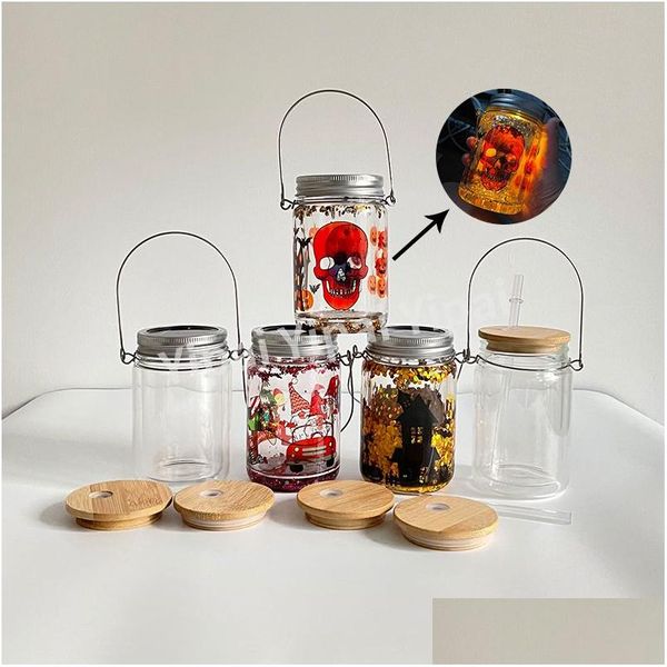 Tasses Usa Warehouse Sublimation vierge étanche à double paroi en verre borosilicate 11oz Lampes solaires Mason Jar Glowing Elf Can Wind Spin Dhsoh