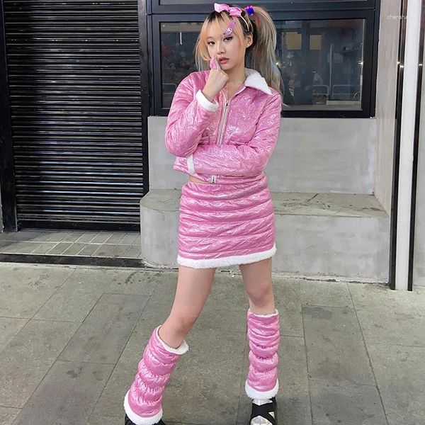 Vestidos de trabalho japoneses bonitos meninas originais inverno retro y2k menina jaquetas de algodão e mini saia engrossar 3 peças conjunto com perna mais quente rosa