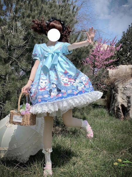 Partykleider KIMOKOKM Kawaii Lolita Kleid Matrosenkragen Ohrschleife Rüschen Puffärmel Spitze Cartoon Druck Süße schöne Prinzessin