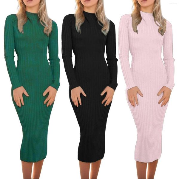 Casual Kleider Winter Einfarbig Rollkragen Sexy Frauen Kleid Herbst Langarm Dünne Midi Boydcon Knielangen Party Club Robe