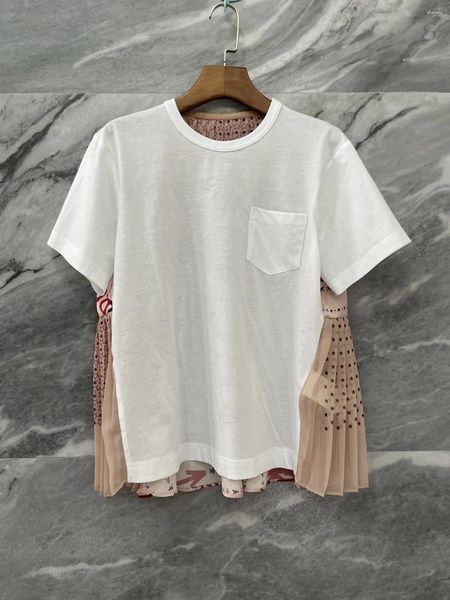 Женские футболки 2023SS, летние роскошные женские высококачественные принты, лоскутная футболка с короткими рукавами, женские шикарные топы, футболка, 2 цвета, пачка