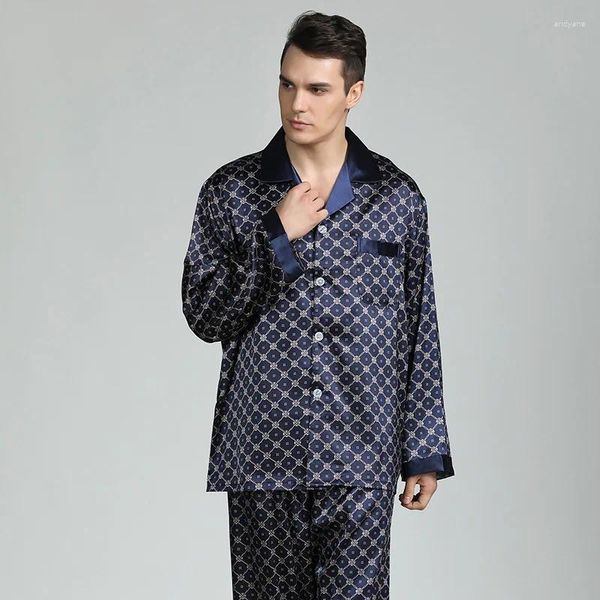 Indumenti da notte da uomo Abbigliamento da notte casual Abbigliamento da notte da uomo Pigiama in seta imitazione Set Confortevole e morbido Top a maniche lunghe Pantaloni in due pezzi