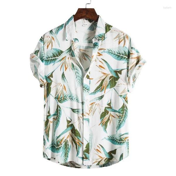 Camicie casual da uomo Camicia stampata con foglie verdi fresche e naturali Cardigan sciolto manica corta abbigliamento da vacanza hawaiana