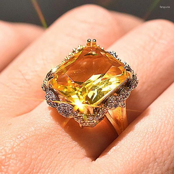Anéis de cluster Hoyon Hyperbole 14k cor de ouro topázio anel para mulheres 925 sliver bizuteria bague médio amarelo gemstone jóias frete grátis