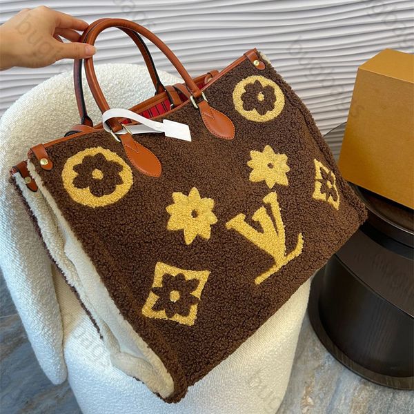 Onthego Mm Tasarımcı Çanta Büyük Toates Bag Yün Tote Çanta Kış Peluş Tavalar Tasarımcı Çanta Kadınlar Sıcak Luxurys Çanta Panelli Debriyaj Çanta Lady Alışveriş