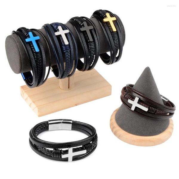 Charm Armbänder 2024 Echtes Leder Kreuz Armband Für Männer Edelstahl Magnet Verschluss Geflecht Multilayer Homme Geschenk Schmuck