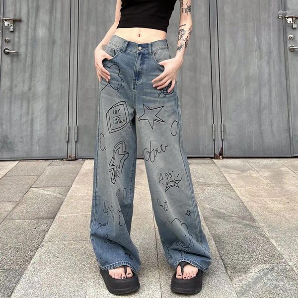 Damenjeans Hip Hop Graffiti Blau Hoch taillierte Damen Streetwear Washed Scrawl Cargohose Gerade Slouchy Baggy Denimn Hose