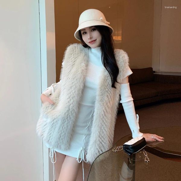 Kadın Kürk 2023 Kış Güzü Koreli Moda İçin Sahte Yelek Kadın Beyaz Ceket Kolsuz Tasarım