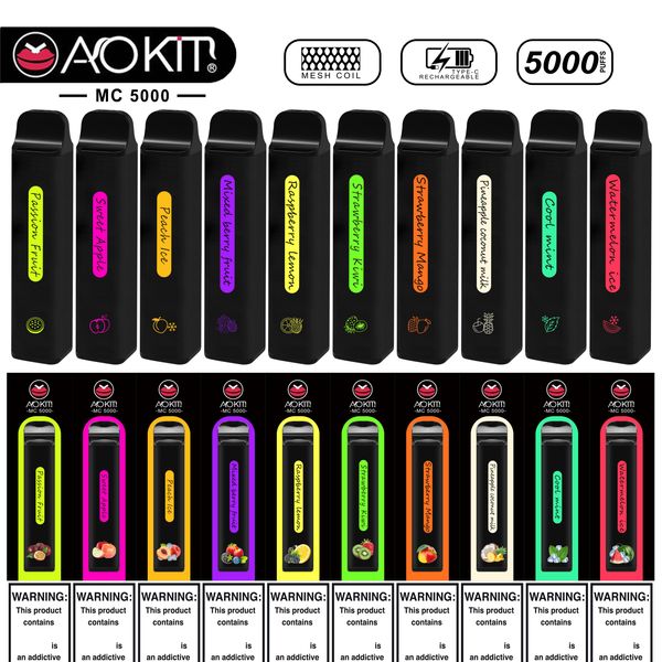 Einweg-Vapes ECigarette Aokit MC5000 Puffs 1,2 Mesh Coil Vape mit 10 ml vorgefüllter Verdampferkartusche 650 mAh wiederaufladbares Gerät mit 10 Fruchtaromen