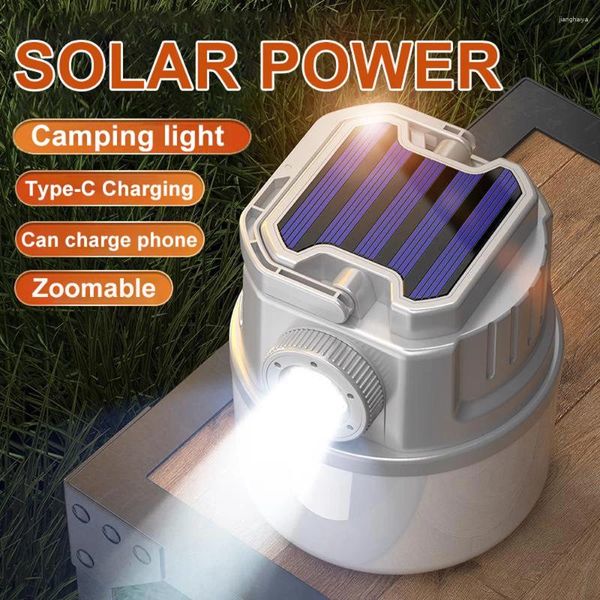 Lanternas portáteis 7200mAh Telescópio Zoom Luz de acampamento Lanterna movida a energia solar Lanternas recarregáveis USB Luzes de tenda Reparação de trabalho