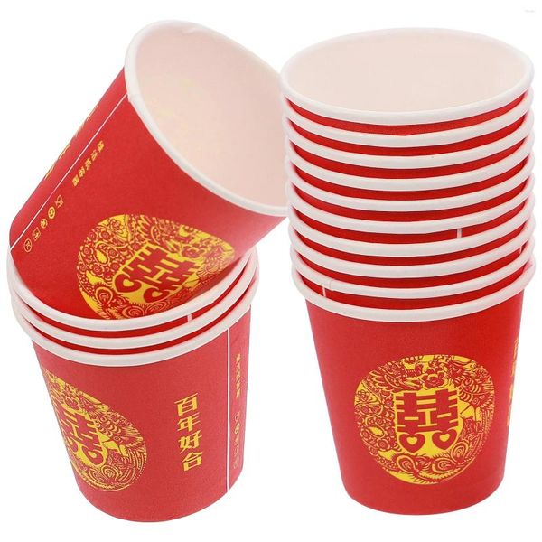 Tek Kullanımlık Bardak Pipetler 100 PCS Kırmızı Çift Mutluluk Cam Banquet Düğün Partisi Çay Fincanları Çince Tost Kağıt İçecek Gözlükleri