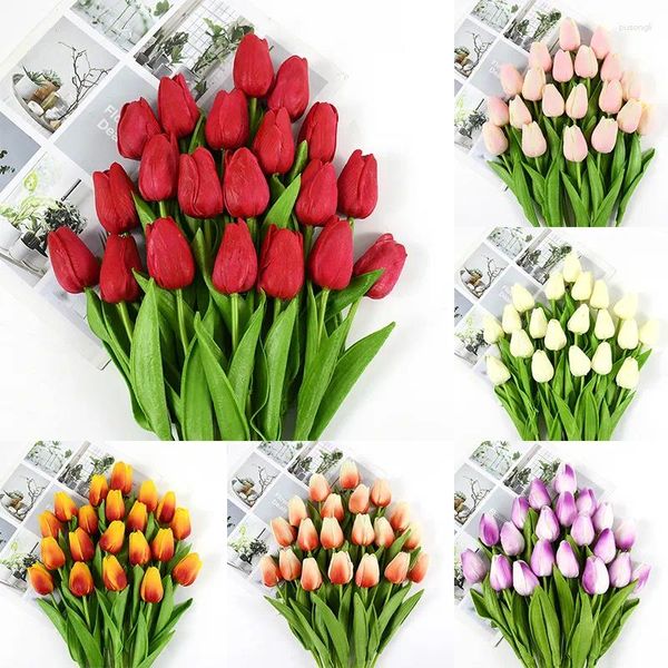 Fiori decorativi 35 cm Tulip Flower Bouquet artificiale 5 pezzi PU finti per la cerimonia nuziale Decor Home Garden
