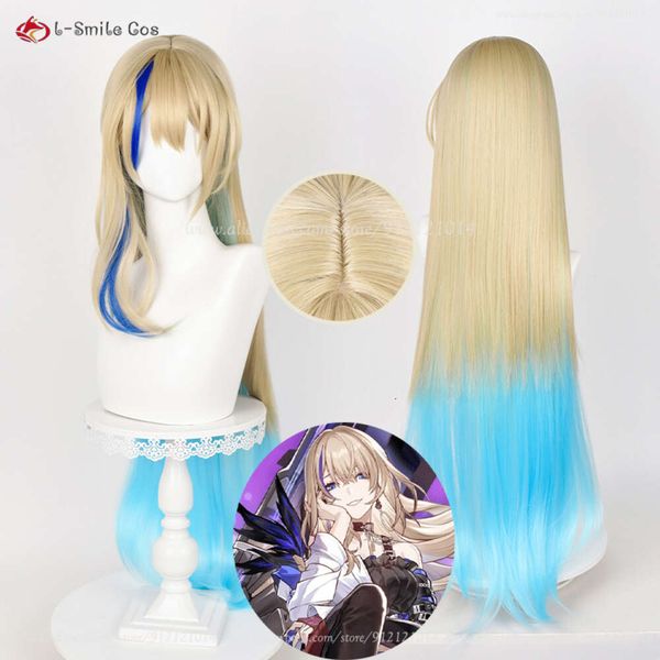 Trajes de Catsuit Honkai: Star Rail Serval Cosplay 92cm Longo Linho Ouro Gradiente Azul Anime Cabelo Resistente ao Calor Perucas Sintéticas do Couro Cabeludo + Boné Peruca