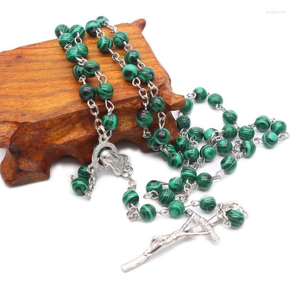 Colares Pingente Pedra Verde Rosário Beads Colar Virgem Maria Cruz Mulheres Religiosas Igreja Católica Oração Jóias