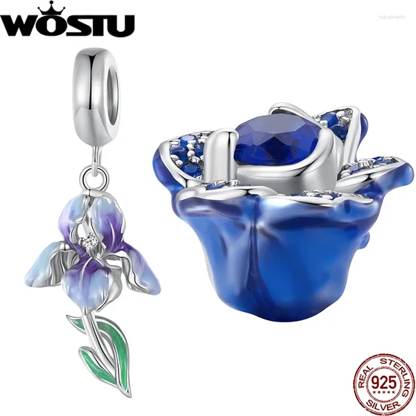 Lose Edelsteine WOSTU 925 Sterling Silber Blaue Rose Charm Emaille Blühende Blumenperlen Liebesanhänger Passend für Original-Armband Armreif Zubehör