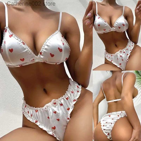 Bras setleri yumuşak ipeksi saten sütyen külot seti seksi aşk kalp şekli içecek bikini bikini pijamalar set sevimli yumuşak pürüzsüz kayış gecelesi t231027