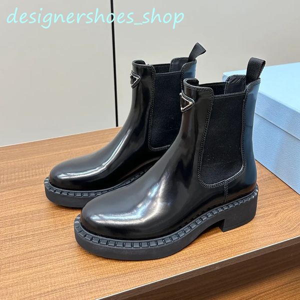 Chelsea Botas Mulheres Designers Sapatos Top Qualidade Cowskin Triângulo Botão Alta Elasticidade Elástica Confortável Fundo Grosso Tornozelo Designer de Luxo Bota UE 35-41