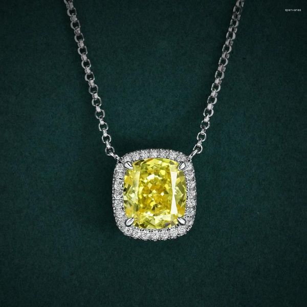 Catene Collana in argento 925 da 3 ct, quadrato grasso, colorato, fiore giallo, taglio 11 12, pendente con diamanti ad alto tenore di carbonio, 40, 3 cm