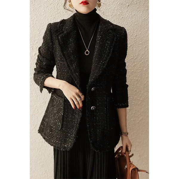 Cappotto corto in pelle da donna in ecopelle autunno inverno in lana lucida Tweed pesante nero corto con scollo a V Cappotto corto in lana da donna 231026