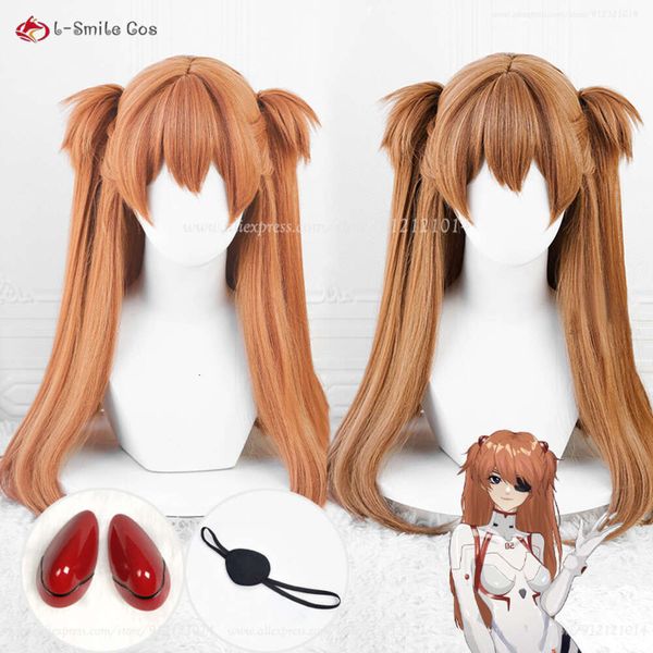 Catsuit Kostüme Anime EVA Asuka Langley Soryu Cosplay 68 cm Orange Braun Pferdeschwanz Clips Haarnadel Hitzebeständige Haar + Perücke Kappe