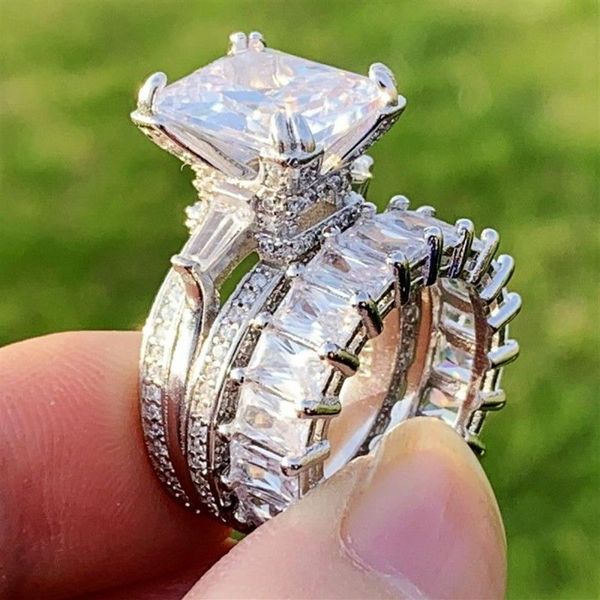 6ct casal anéis de luxo jóias 925 prata esterlina princesa corte branco topázio torre eiffel festa feminino casamento anel de noiva conjunto gift292j