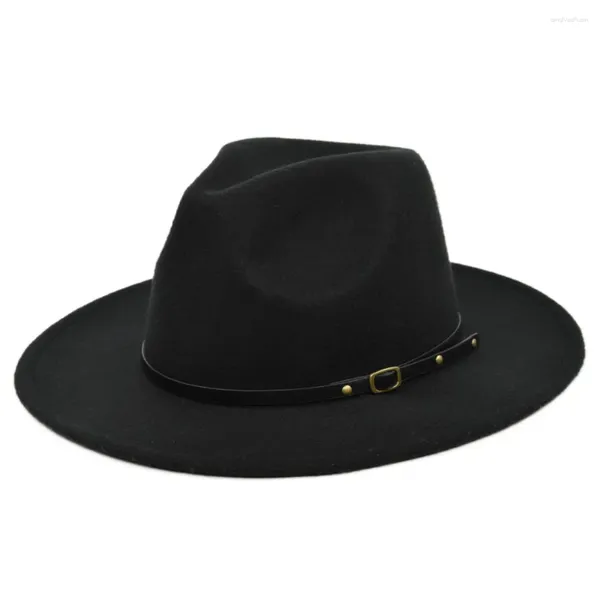 Berets moda mulheres homens chapéu de lã retro preto lã jazz plana borda grande substituição de cabelo cowboy