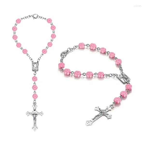 Braccialetti con ciondoli Rosario semplice con pendente grande Fiore di rosa rosa Perline di preghiera Gioielli per donne e uomini