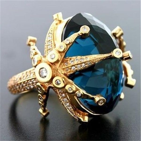 14 Karat Gelbgold Saphir-Diamant-Ring für Frauen Pfauenblauer Topas Stein zierlicher Schmuck Bizuteria Anillos Ehering Edelstein 201902