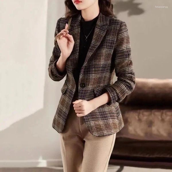 Kadın Suits 2023Autumn Yün Palto Retro İngiliz Tarzı Modern Ekose Ceket İnce Bel Yünlü Takım Astar Bahar Blazer Kadın Tops