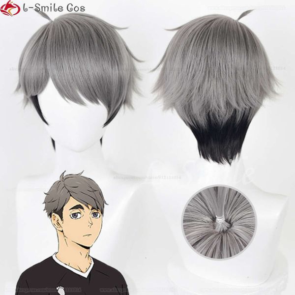 Trajes de gato Miya Osamu 30cm Sier Grey Cosplay Anime Cabelo resistente ao calor Haikyuu para as perucas superiores + touca de peruca
