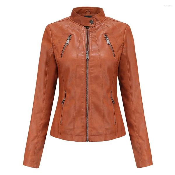 Casaco de couro feminino outono primavera preto vermelho marrom moto motociclista jaqueta com zíper chaqueta cuero mujer jaquetas falsas para mulher