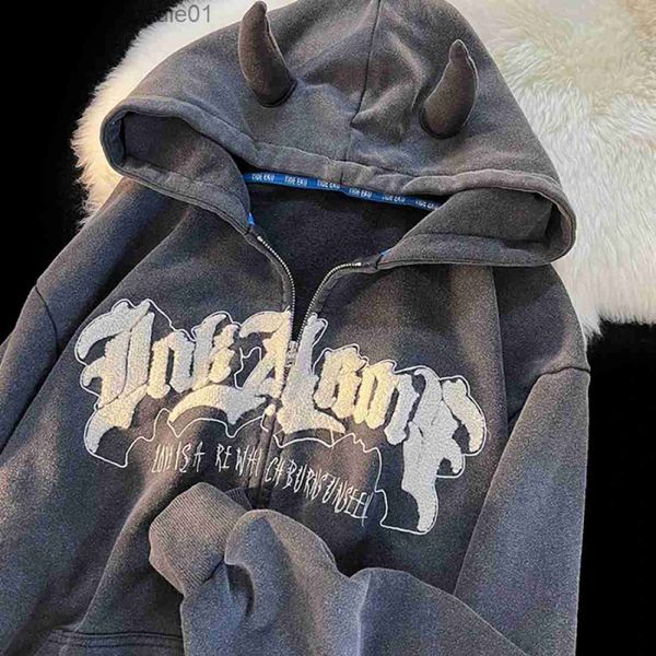 Herren Hoodies Sweatshirts Stickerei Buchstaben Halloween Y2k Zip Up Hoodie Damen Herren Winter Dünn Übergroßer Hoodie für Damen Full Zip Hoodies mit Teufelshörnern L231027