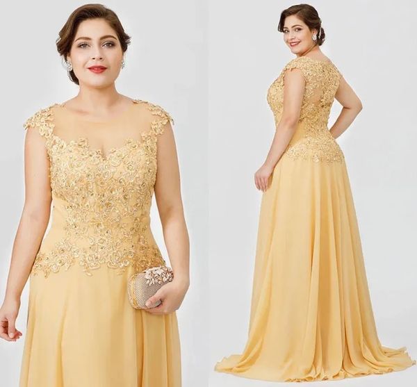 Abiti per la mamma Oro Taglie forti Abito per la madre della sposa Formale Nuovo Chiffon Abito da ballo di fine anno Una linea O-Collo Manica lunga Applique Cerniera con lacci personalizzata