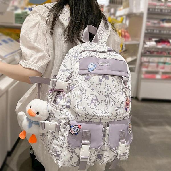 Okul çantaları kız seyahat grafiti şeffaf kitap backpack kadınlar mor kawaii çanta bayanlar kolej moda kadın dizüstü